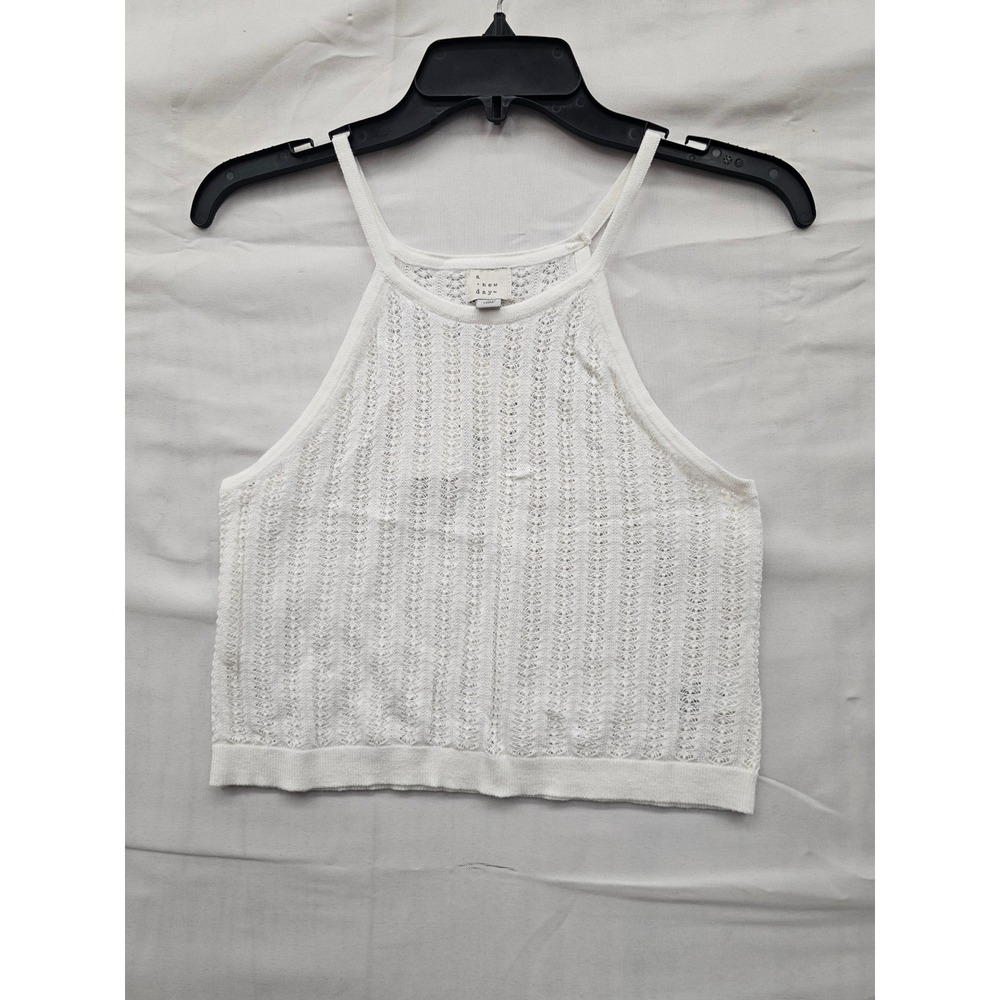 A‎ New Day Womens Halter Pointelle Tank Top White Cotton Blend Casual Size Small